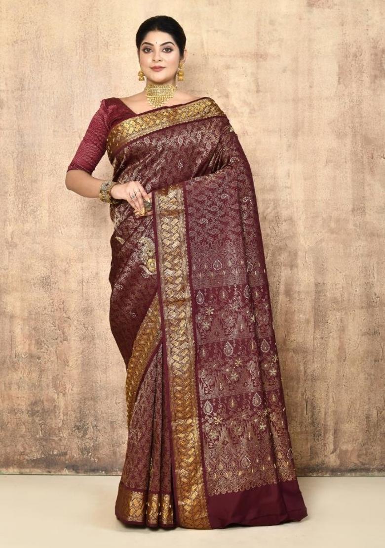 Red Embroidered Pure Silk Saree Set