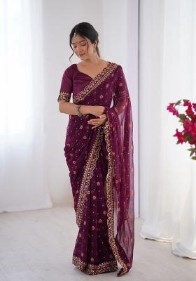 Wine Embroidered Georgette Chiffon Saree Set