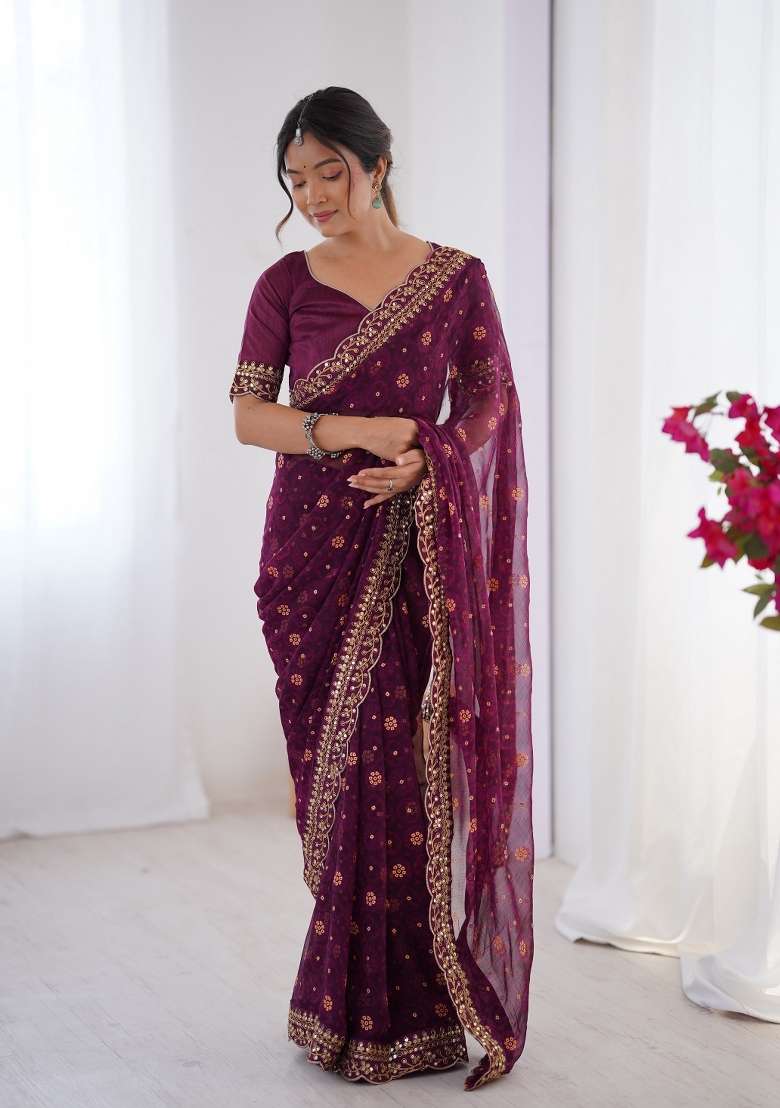 Wine Embroidered Georgette Chiffon Saree Set - Indya