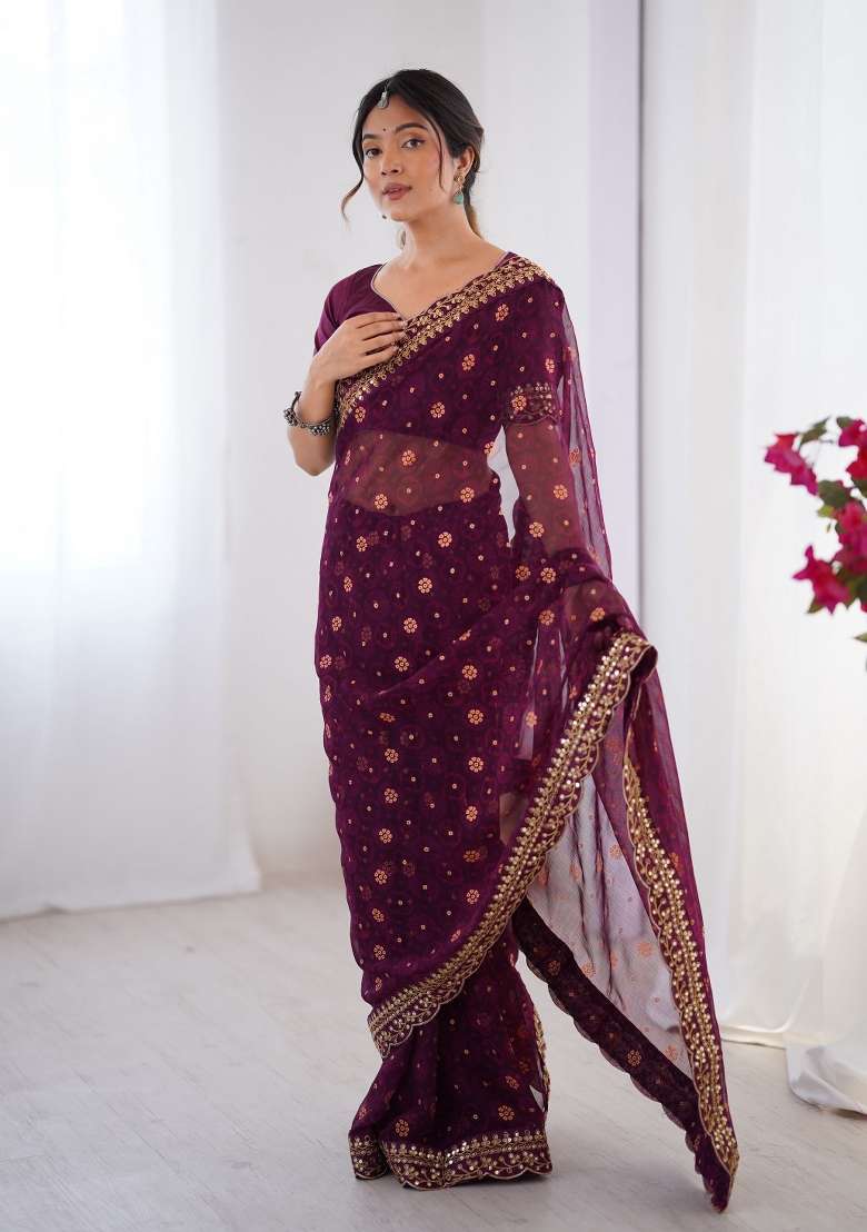 Wine Embroidered Georgette Chiffon Saree Set - Indya