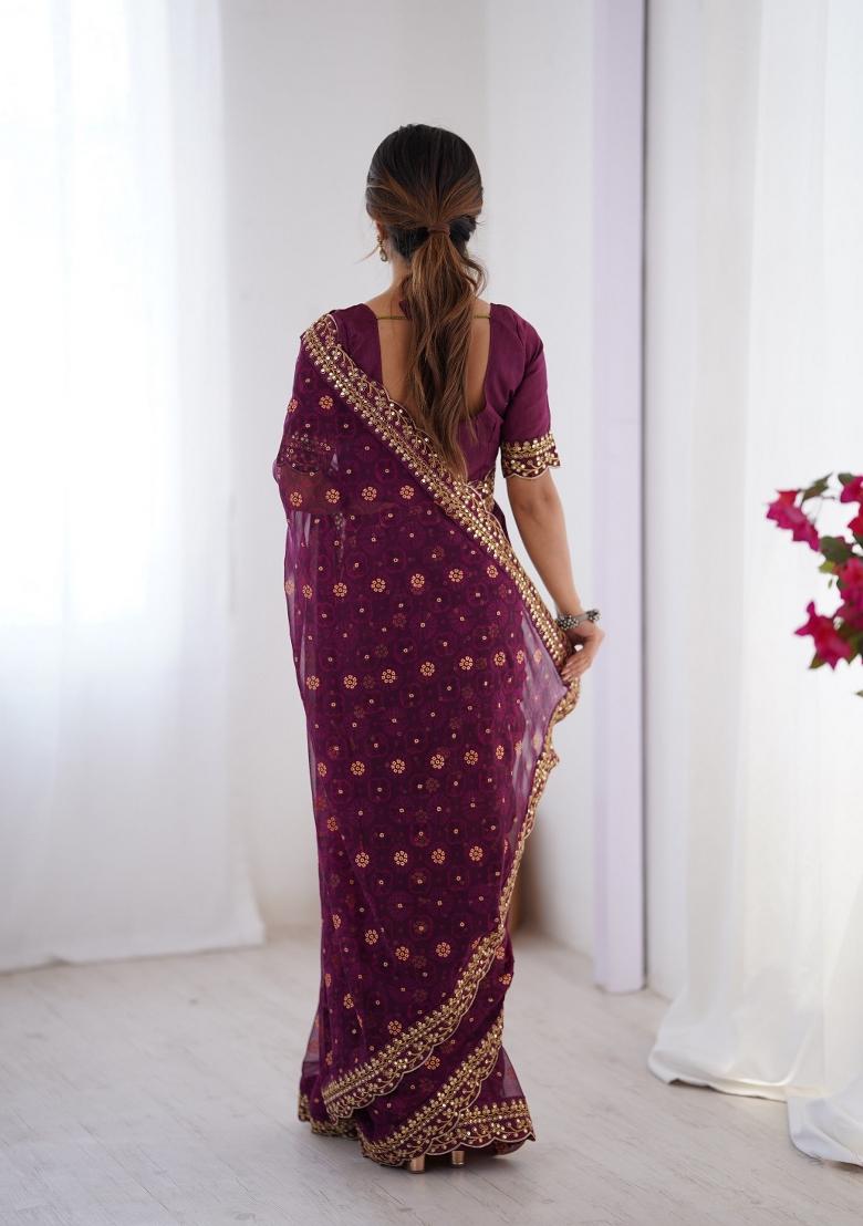 Wine Embroidered Georgette Chiffon Saree Set