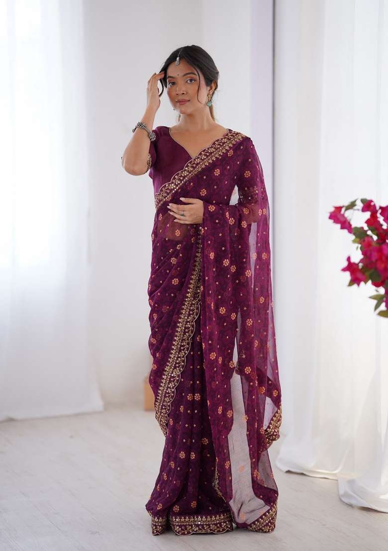 Wine Embroidered Georgette Chiffon Saree Set - Indya
