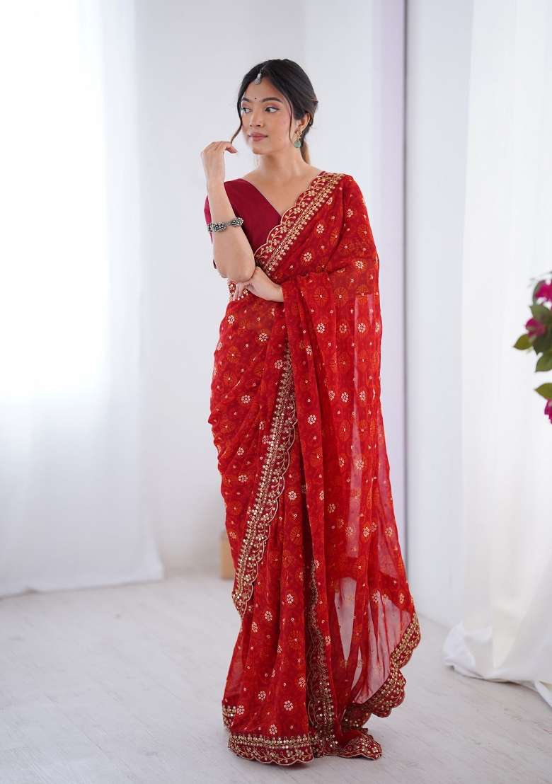 Red Embroidered Georgette Chiffon Saree Set - Indya