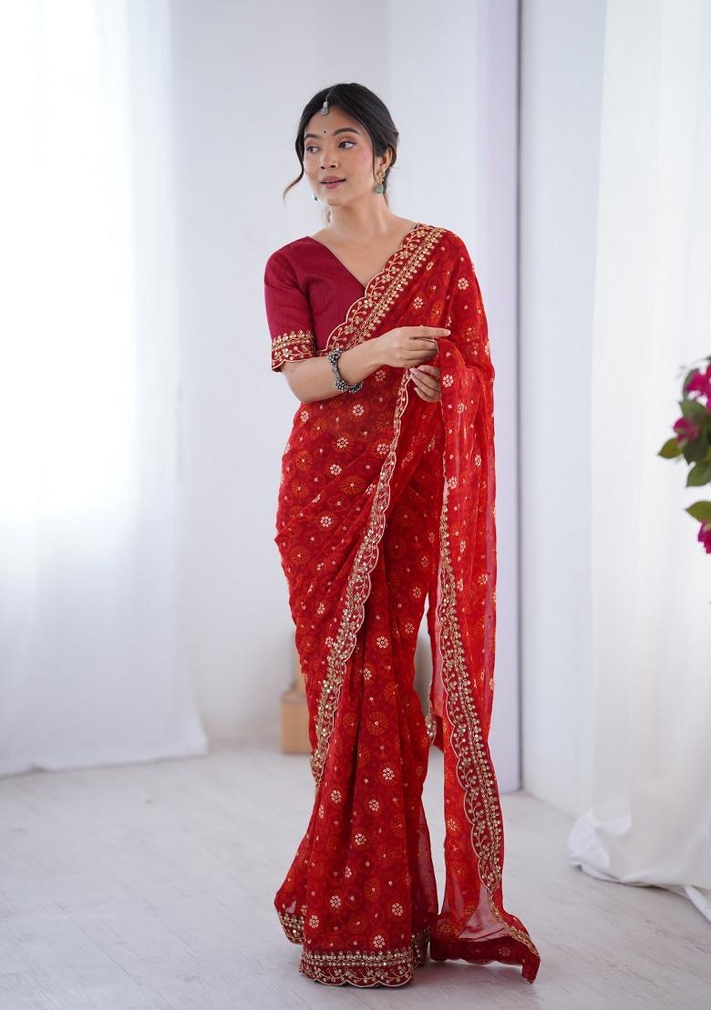Red Embroidered Georgette Chiffon Saree Set