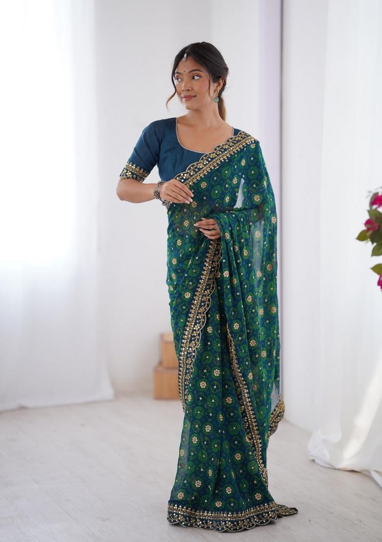 Petrol Blue Embroidered Georgette Chiffon Saree Set