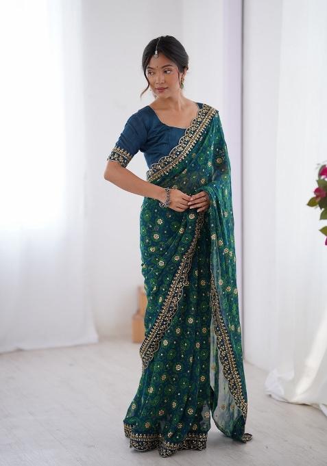 Petrol Blue Embroidered Georgette Chiffon Saree Set