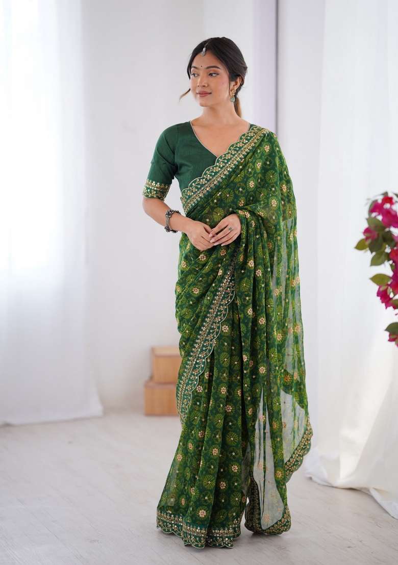 Green Embroidered Georgette Chiffon Saree Set - Indya