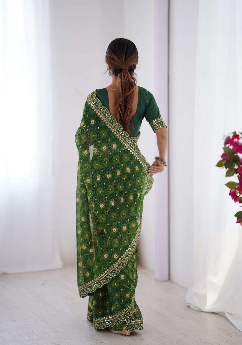 Green Embroidered Georgette Chiffon Saree Set