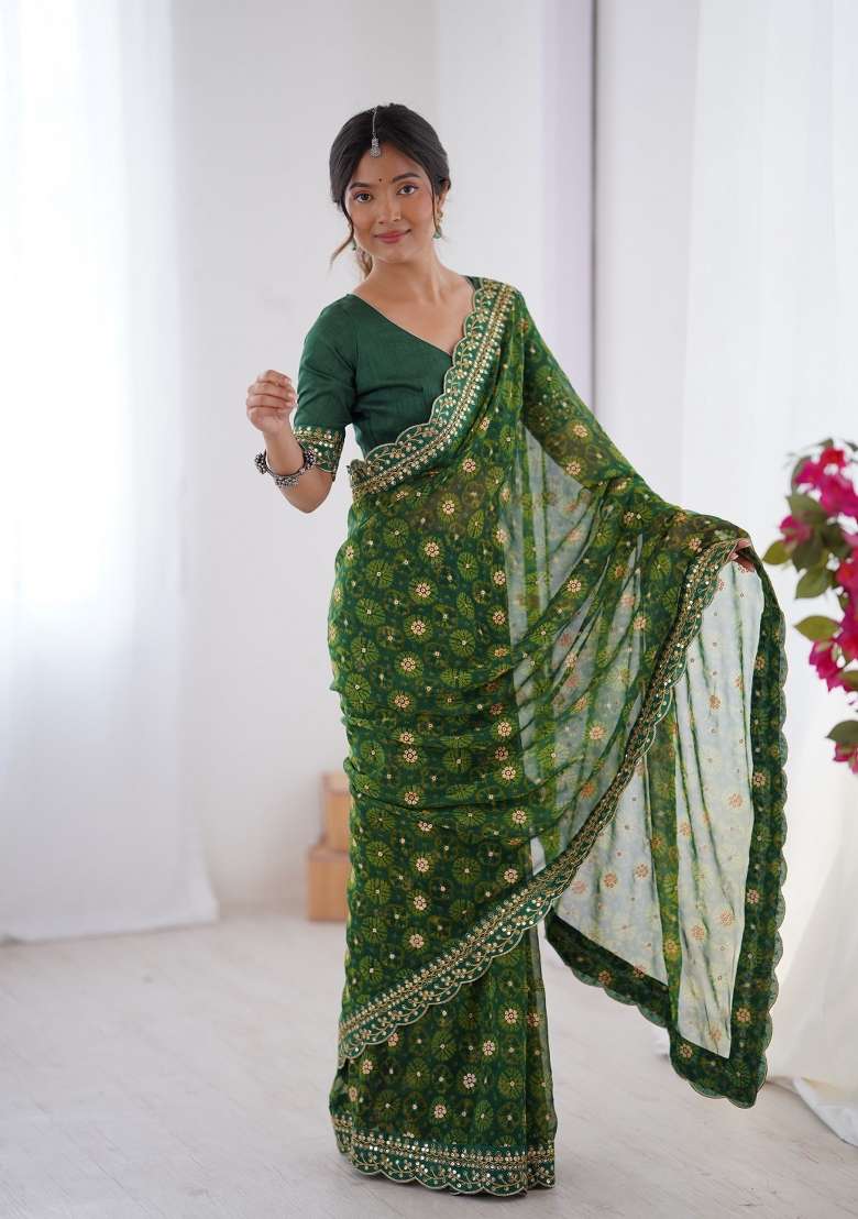Green Embroidered Georgette Chiffon Saree Set - Indya