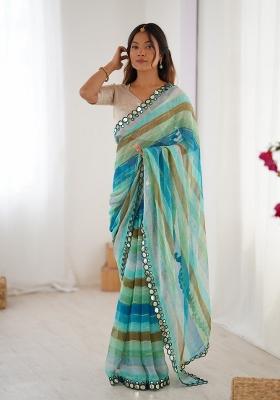 Petrol Blue Printed Heavy Smooth Chiffon Saree Set