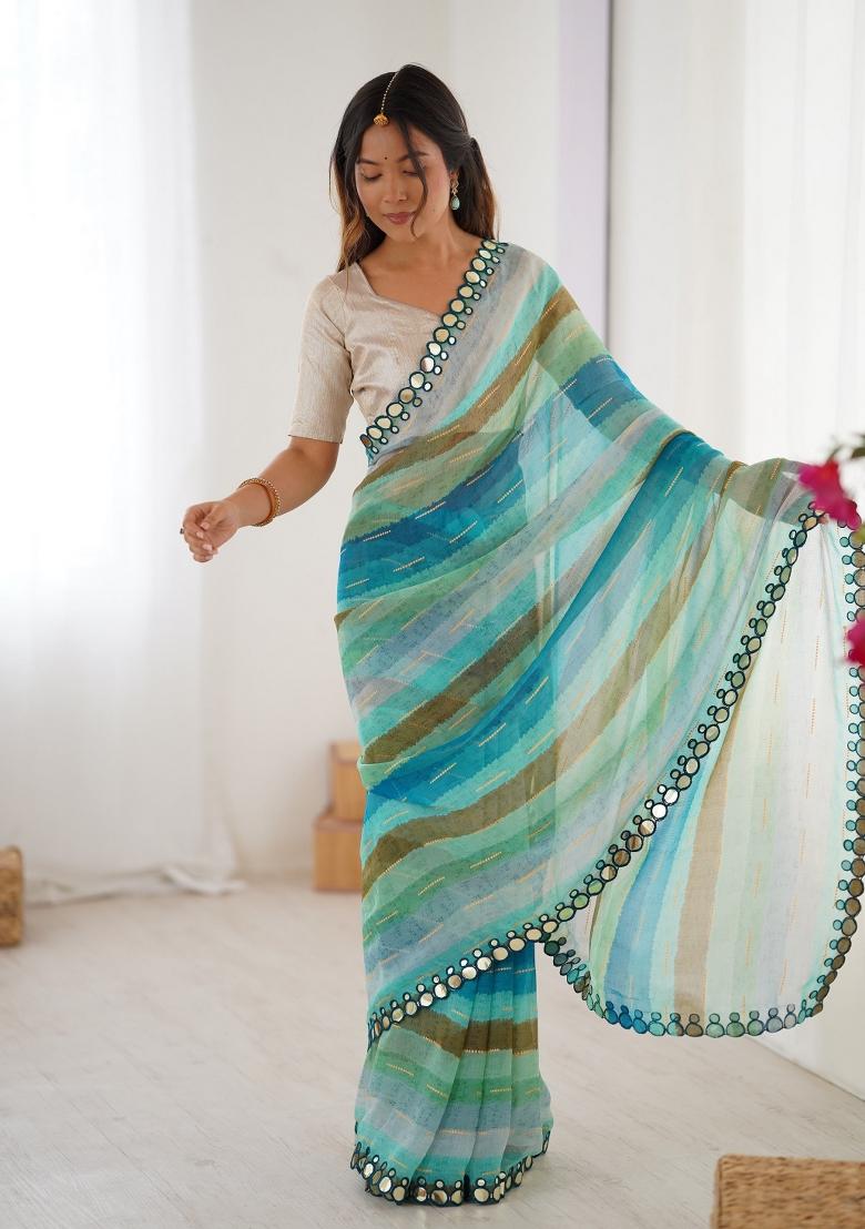 Petrol Blue Printed Heavy Smooth Chiffon Saree Set