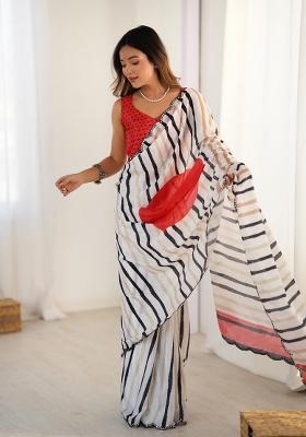 Off White Printed Heavy Chinnon Saree Set