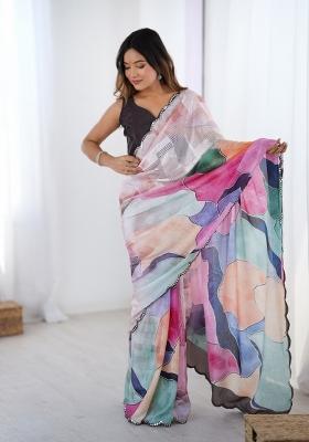 Multi Colour Printed Heavy Chinnon Saree Set