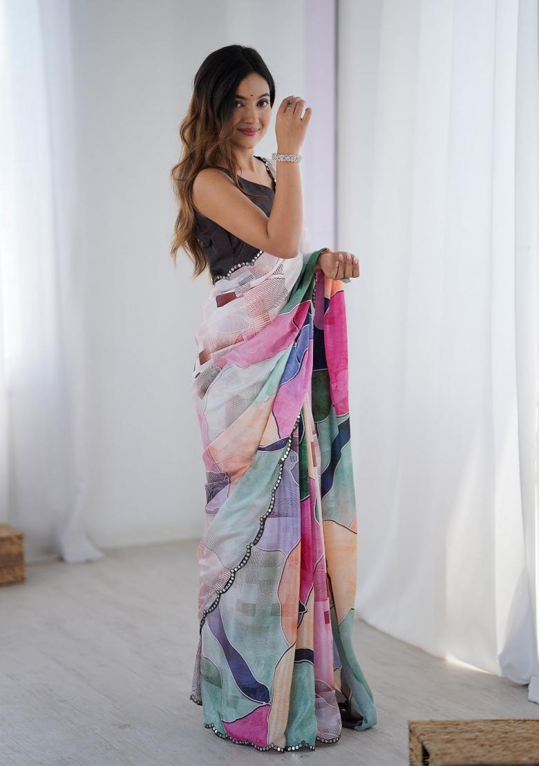Multi Colour Printed Heavy Chinnon Saree Set