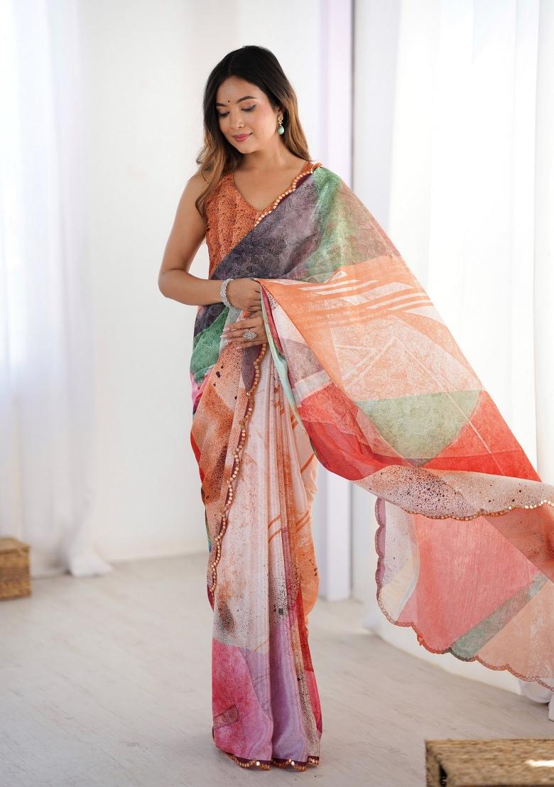 Multi Colour Printed Heavy Chinnon Saree Set