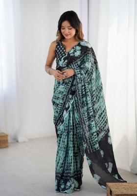 Min Green And Black Printed Heavy Chinnon Saree Set