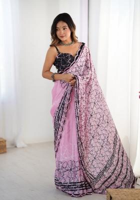 Pink Printed Heavy Chinnon Saree Set