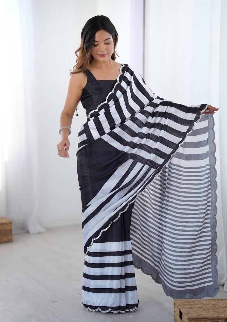 Black And White Printed Heavy Chinnon Saree Set