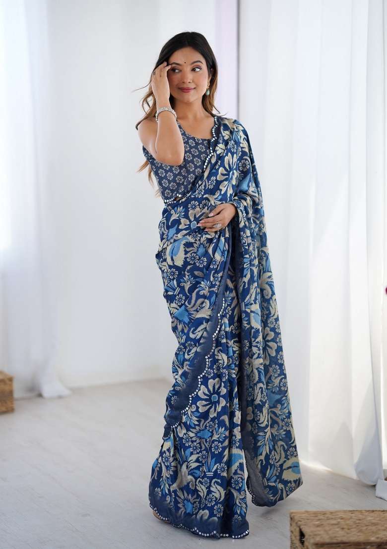 Navy Blue Printed Heavy Chinnon Saree Set - Indya