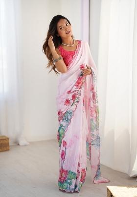 Baby Pink Printed Heavy Chinnon Saree Set