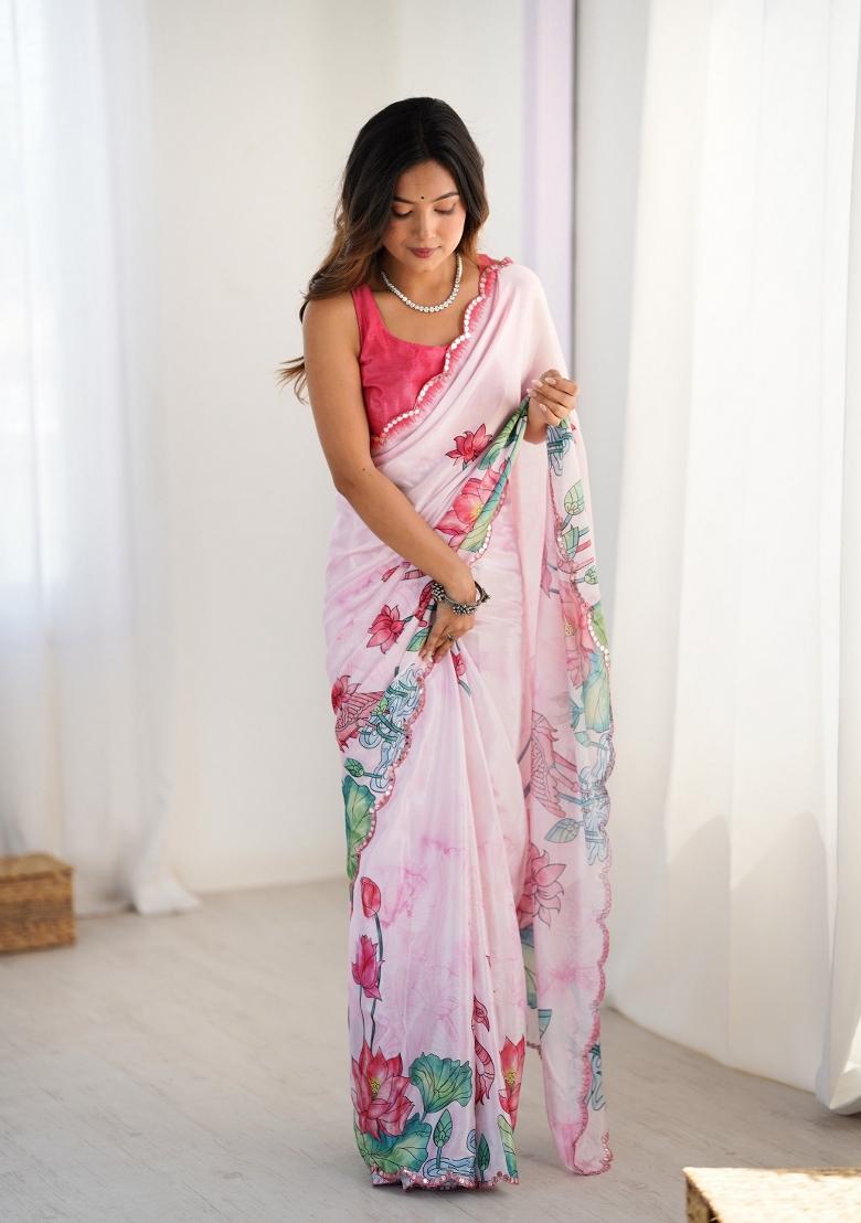 Baby Pink Printed Heavy Chinnon Saree Set