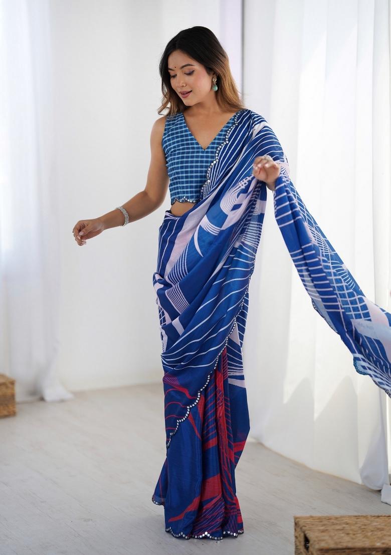 Blue Printed Heavy Chinnon Saree Set