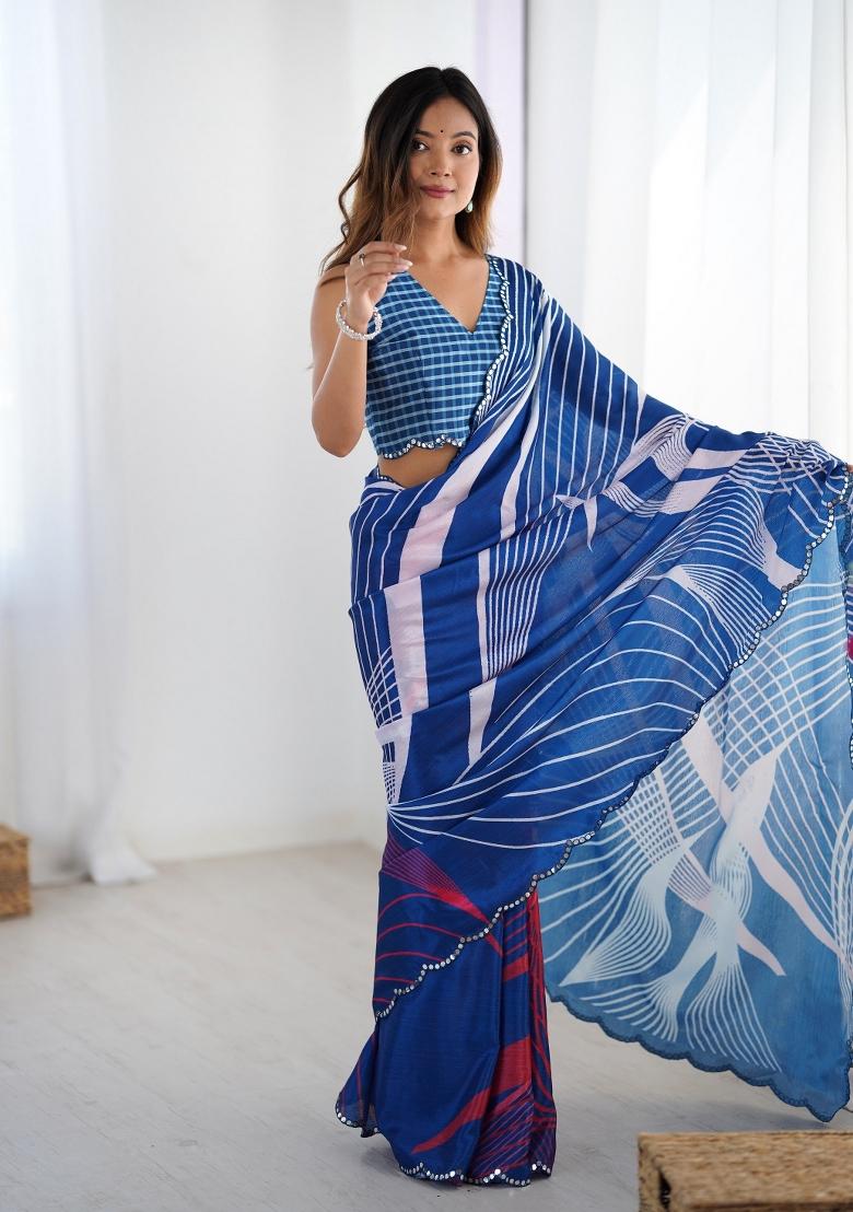 Blue Printed Heavy Chinnon Saree Set