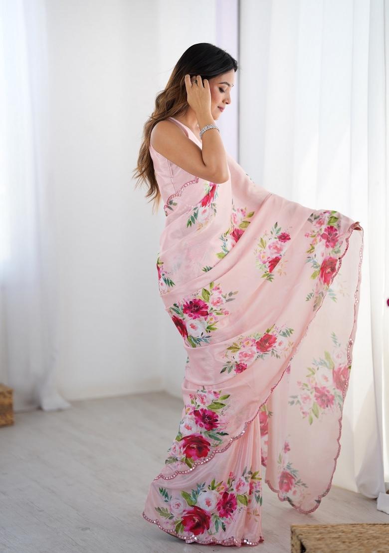 Baby Pink Printed Heavy Chinnon Saree Set