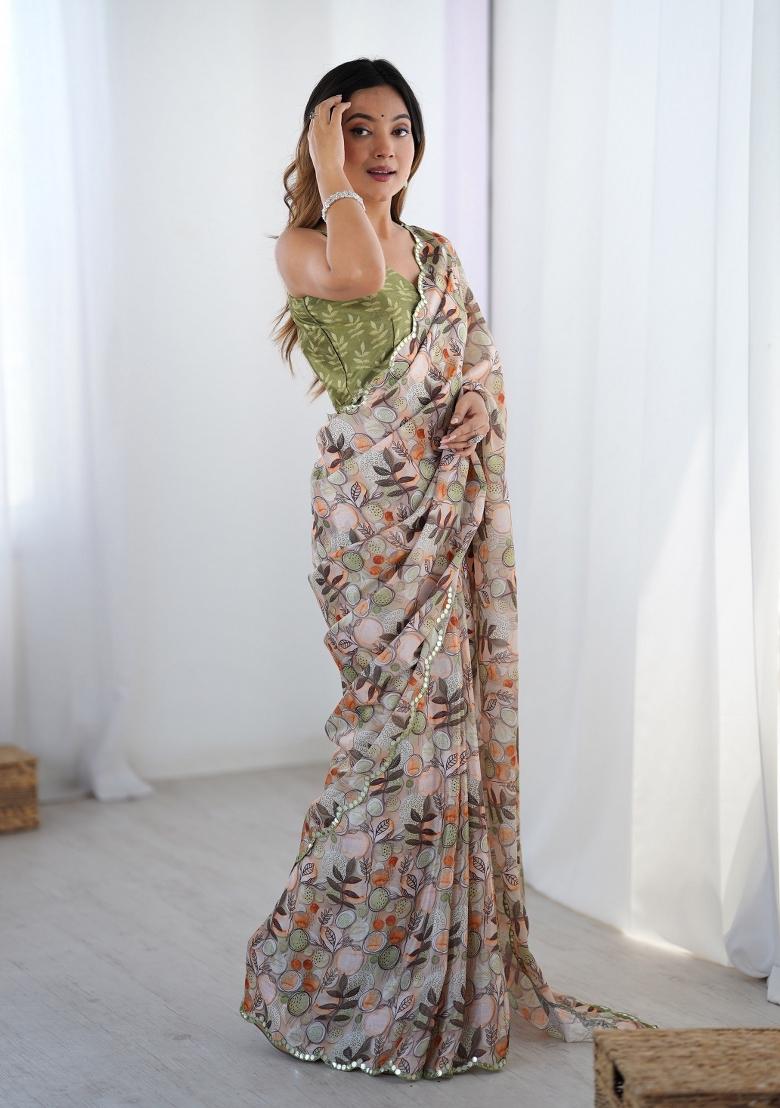 Multi Colour Printed Heavy Chinnon Saree Set