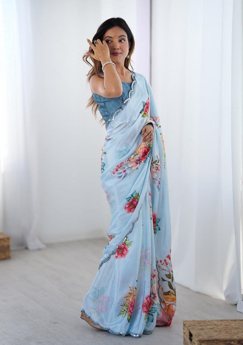 Sky Blue Printed Heavy Chinnon Saree Set