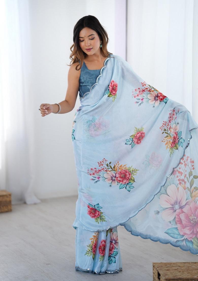 Sky Blue Printed Heavy Chinnon Saree Set