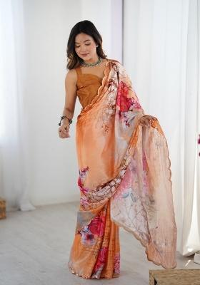 Orange Printed Heavy Chinnon Saree Set