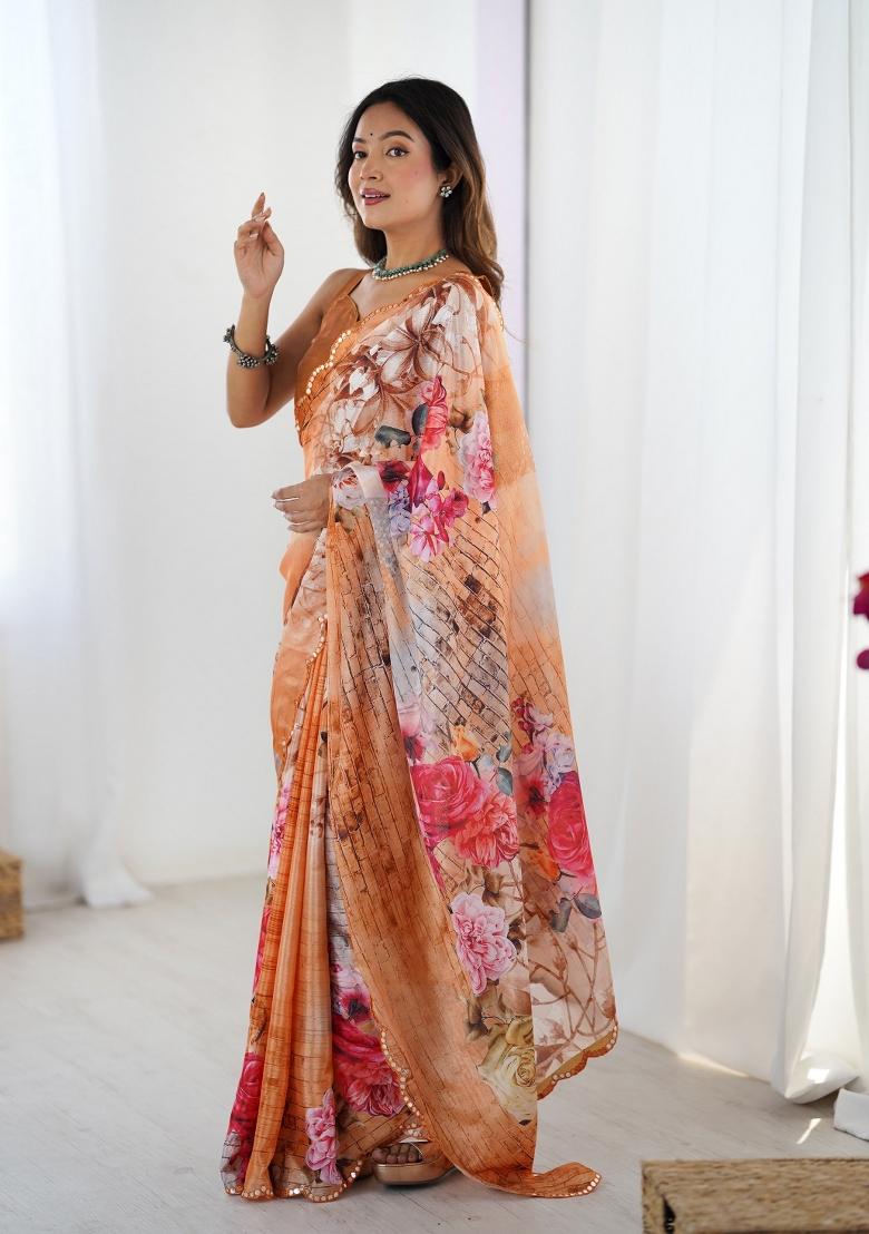 Orange Printed Heavy Chinnon Saree Set