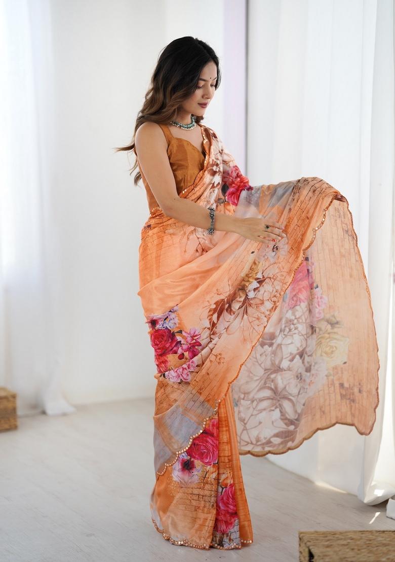 Orange Printed Heavy Chinnon Saree Set