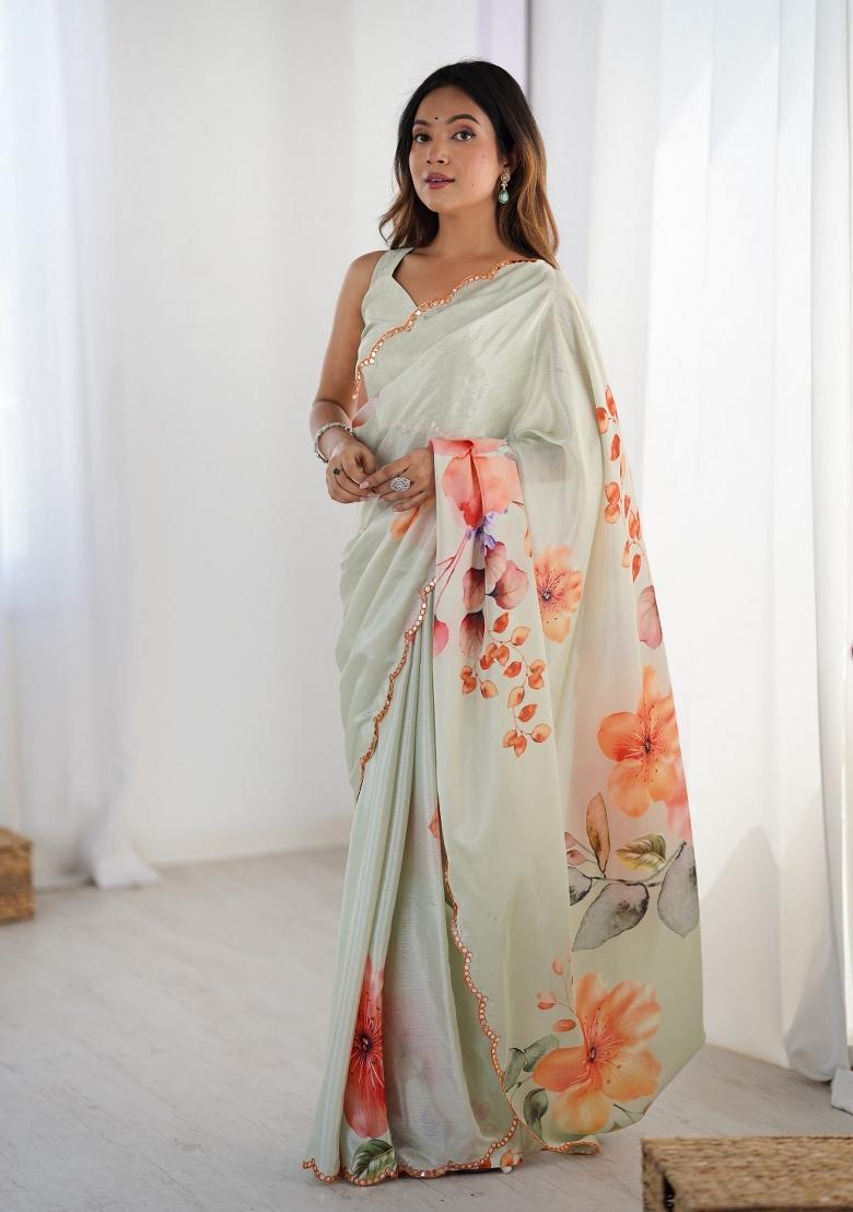 Off White Printed Heavy Chinnon Saree Set