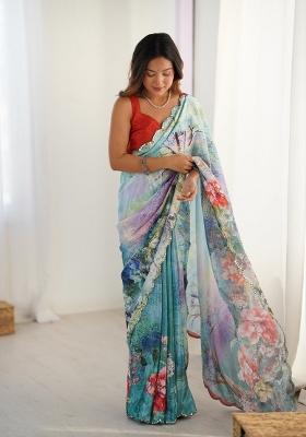 Sky Blue Printed Heavy Chinnon Saree Set
