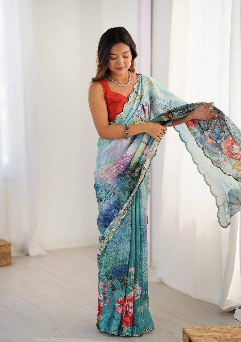 Sky Blue Printed Heavy Chinnon Saree Set