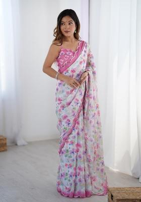 Off White Printed Heavy Chinnon Saree Set