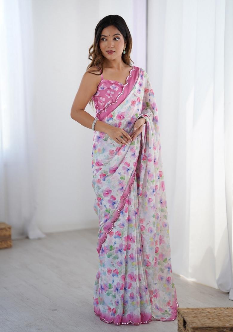 Off White Printed Heavy Chinnon Saree Set