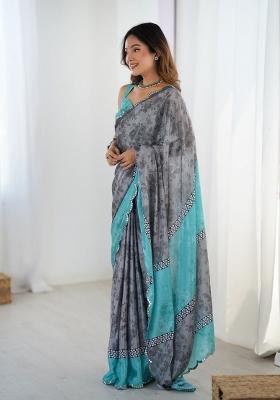Grey Printed Heavy Chinnon Saree Set