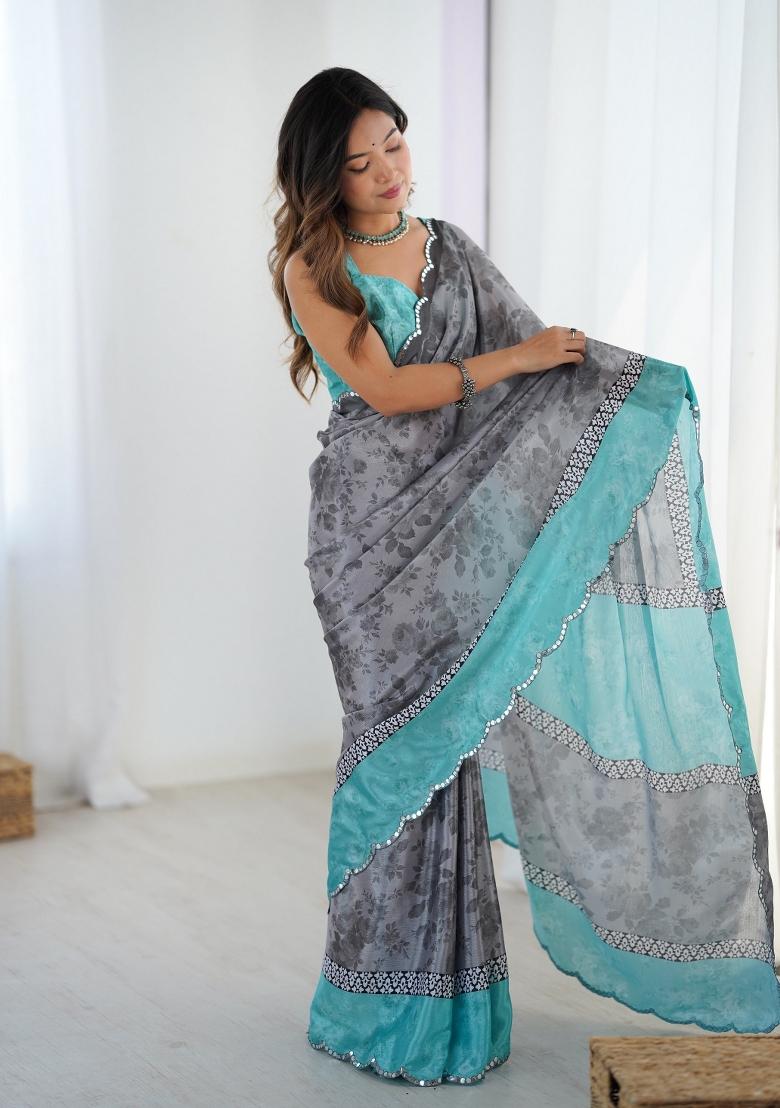 Grey Printed Heavy Chinnon Saree Set