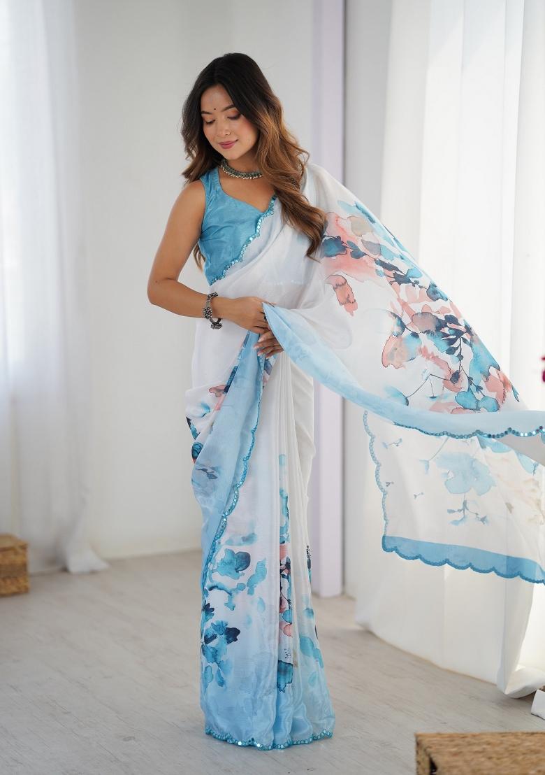 Off White Printed Heavy Chinnon Saree Set