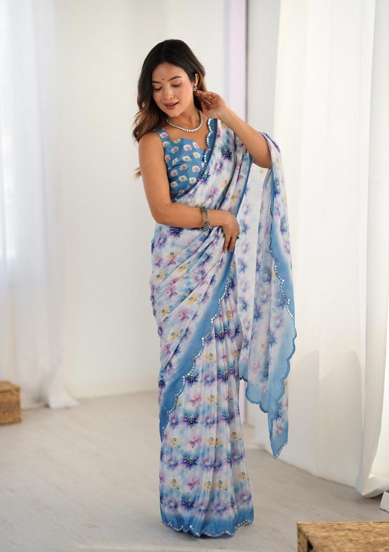Off White Printed Heavy Chinnon Saree Set