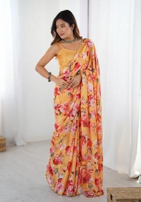 Yellow Printed Heavy Chinnon Saree Set