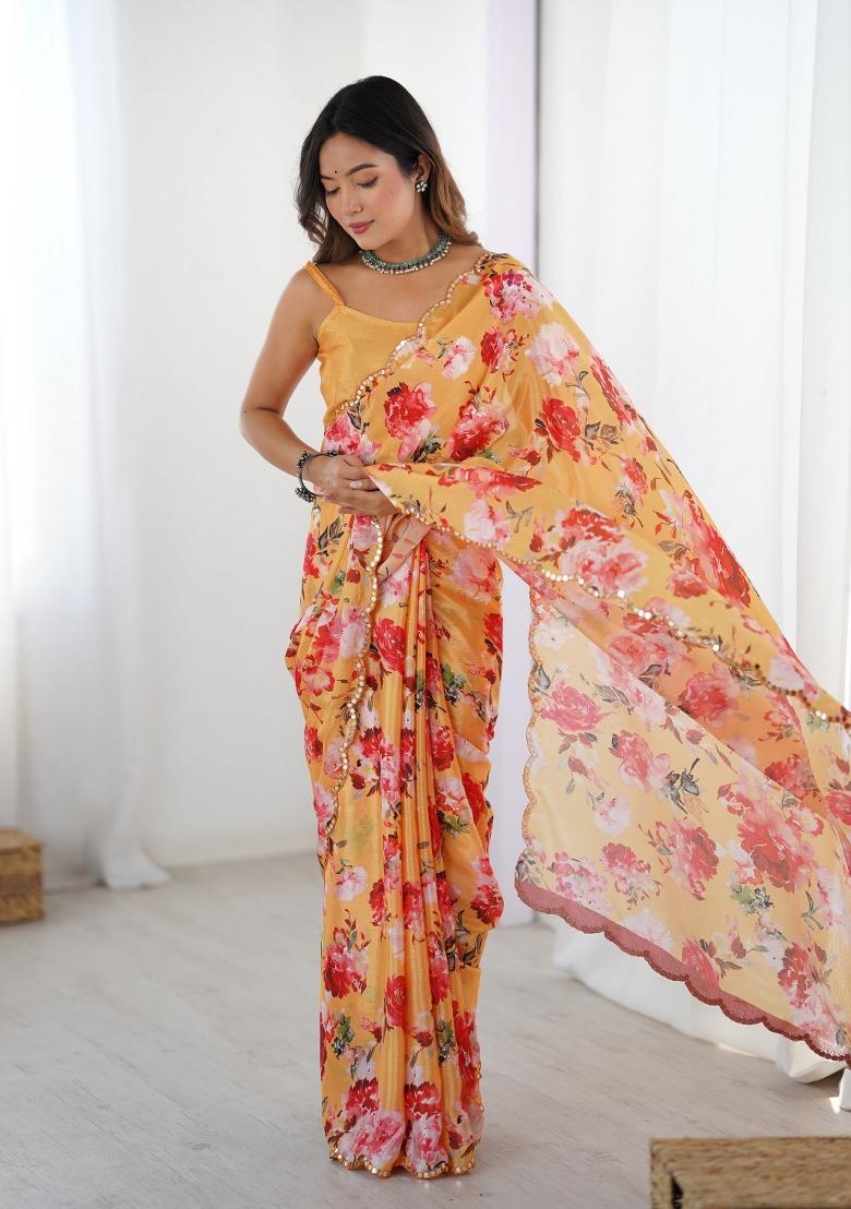 Yellow Printed Heavy Chinnon Saree Set