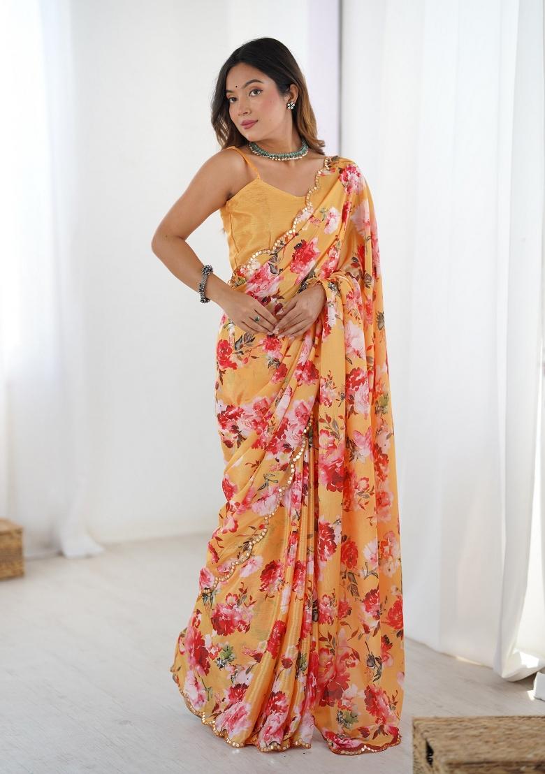 Yellow Printed Heavy Chinnon Saree Set