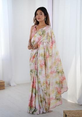 Off White Printed Heavy Chinnon Saree Set