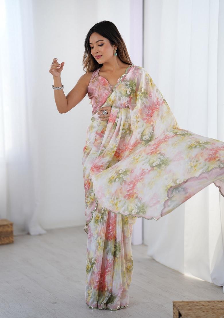 Off White Printed Heavy Chinnon Saree Set