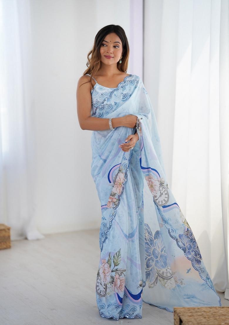 Sky Blue Printed Heavy Chinnon Saree Set