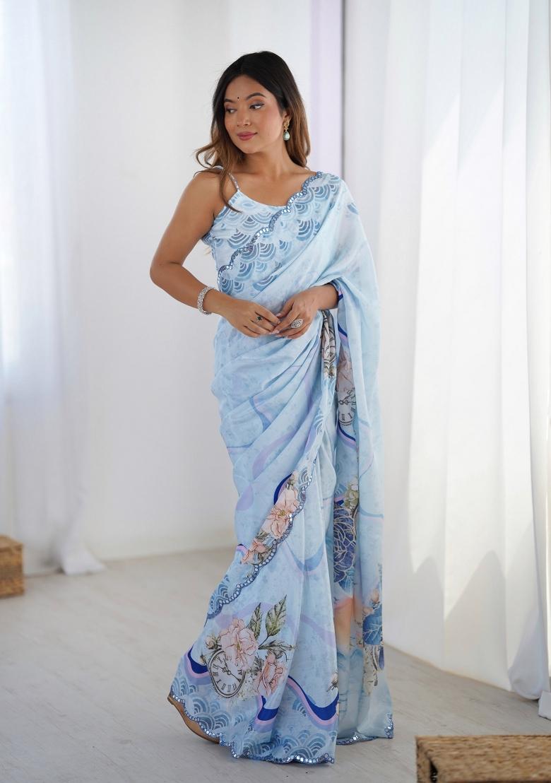 Sky Blue Printed Heavy Chinnon Saree Set